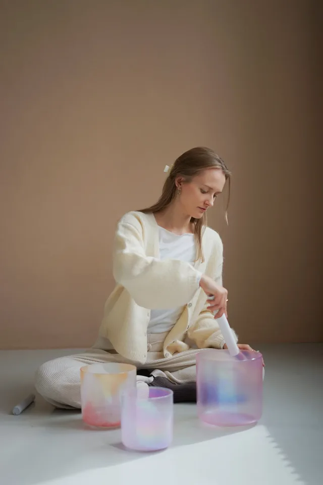 Crystal singing bowls arranged for a sound session